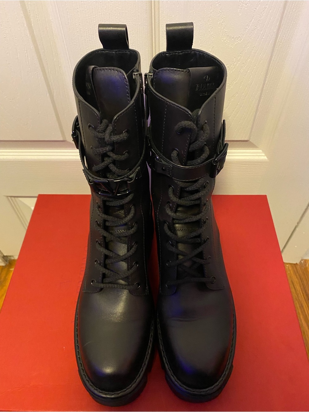 Valentino Garavani Black Leather Lace-Up Buckle Combat Boots